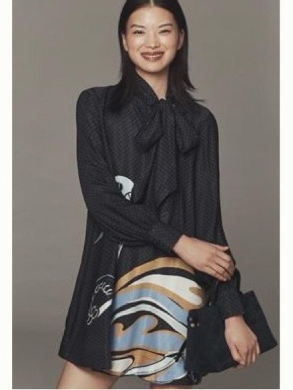 NWT Maeve/Anthropologie Retro Black Long-Sleeve Tie-Neck Mini Dress XXS